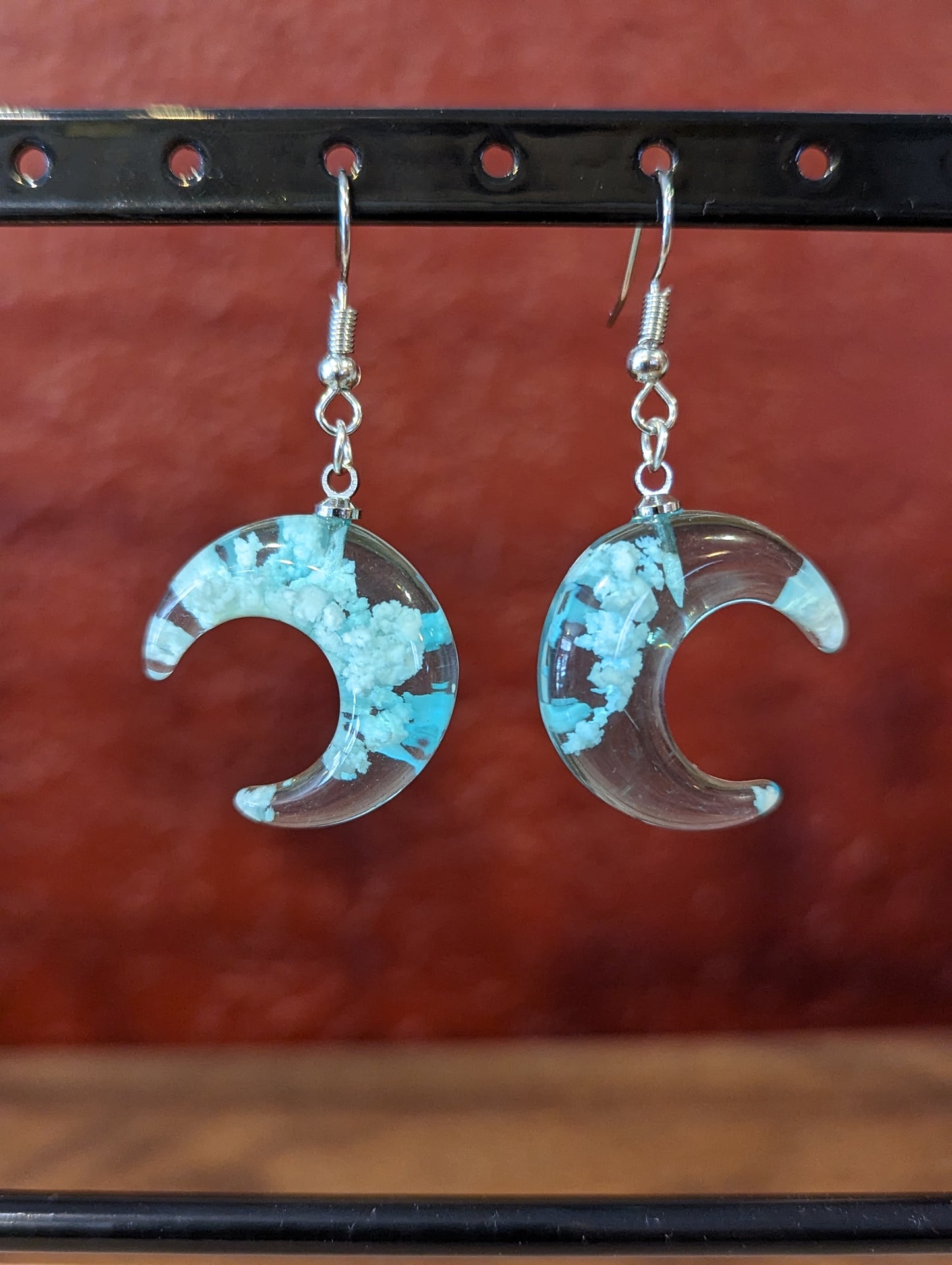 Blue Crescent Moon White Clouds Earrings