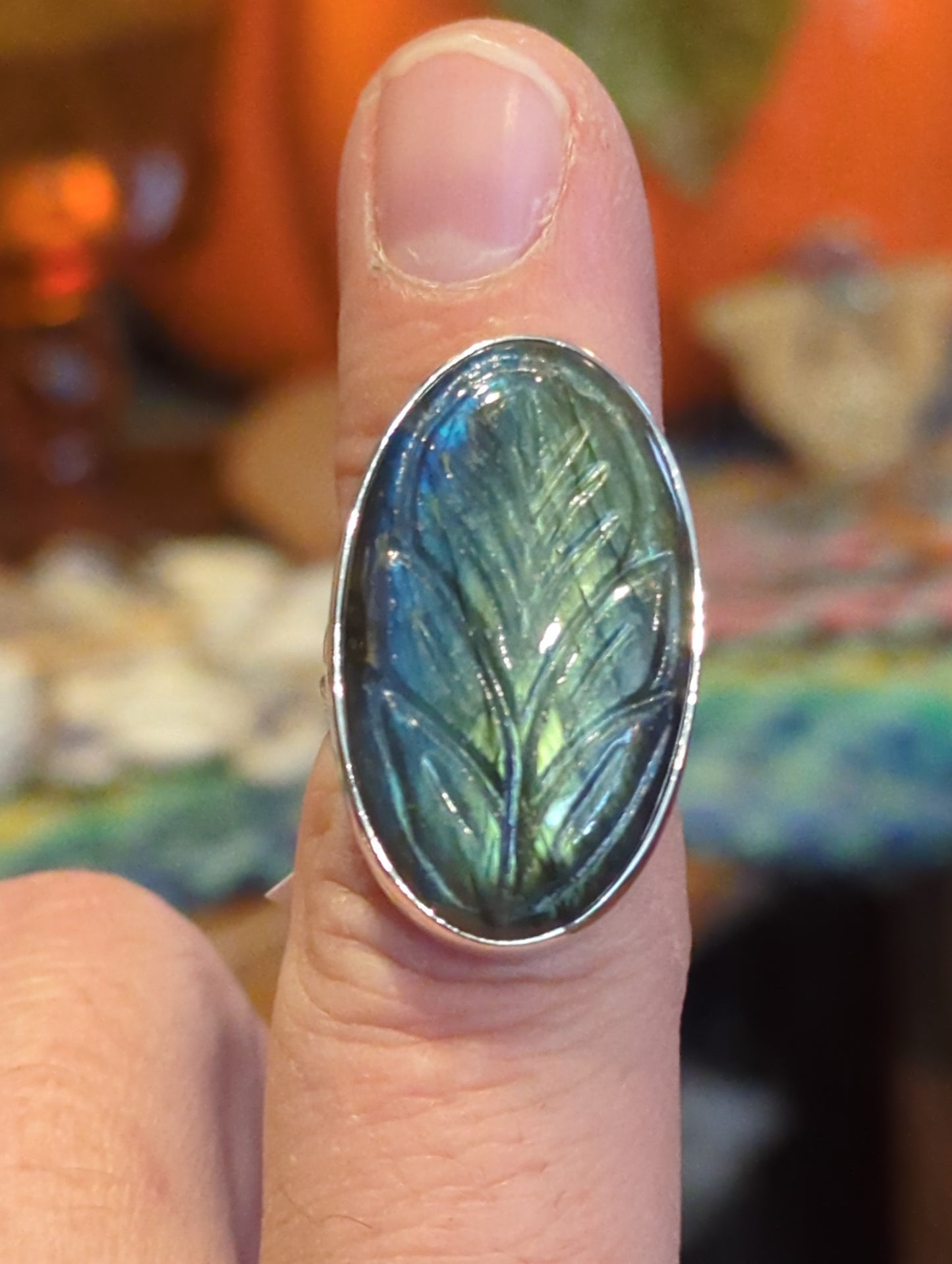 Carved Labradorite Silver Ring sz 6