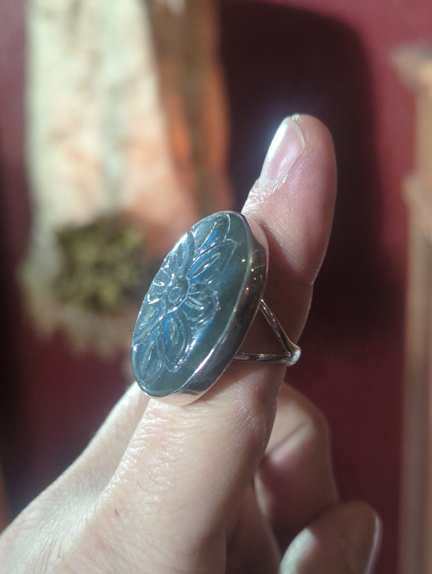 Carved Labradorite Silver Ring sz 7