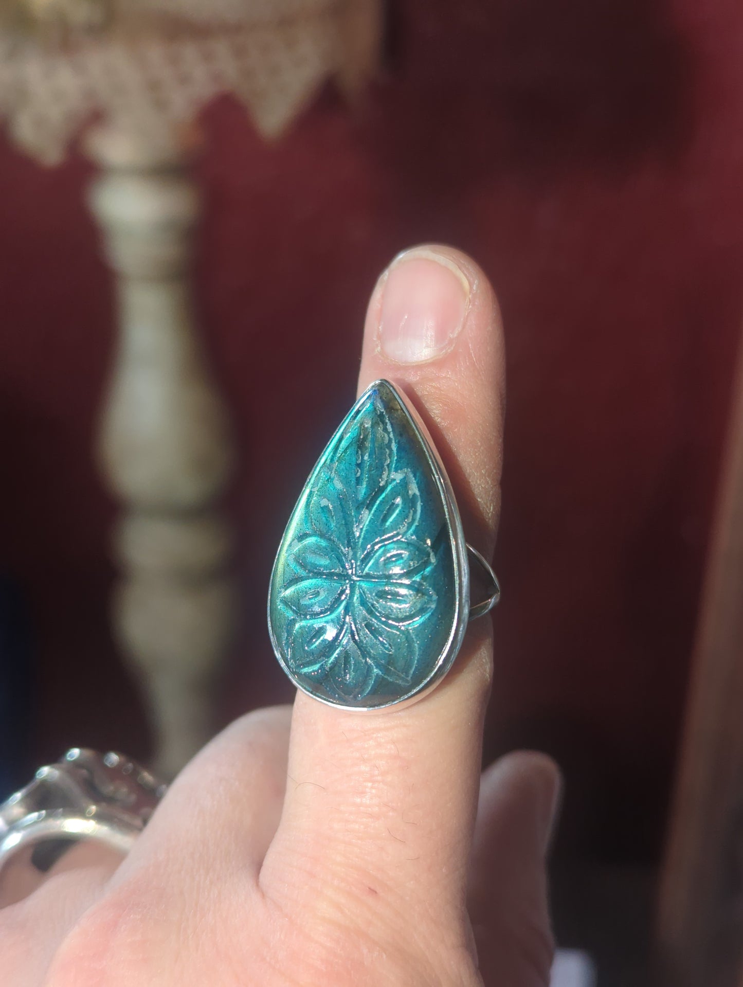 Carved Labradorite Silver Ring sz 8