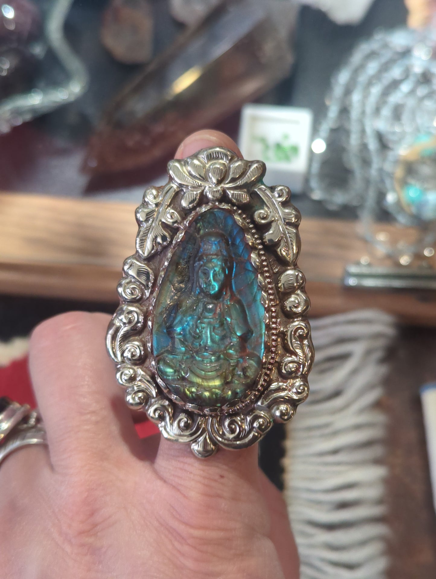 Carved Labradorite Guan Yin Ring Adjustable