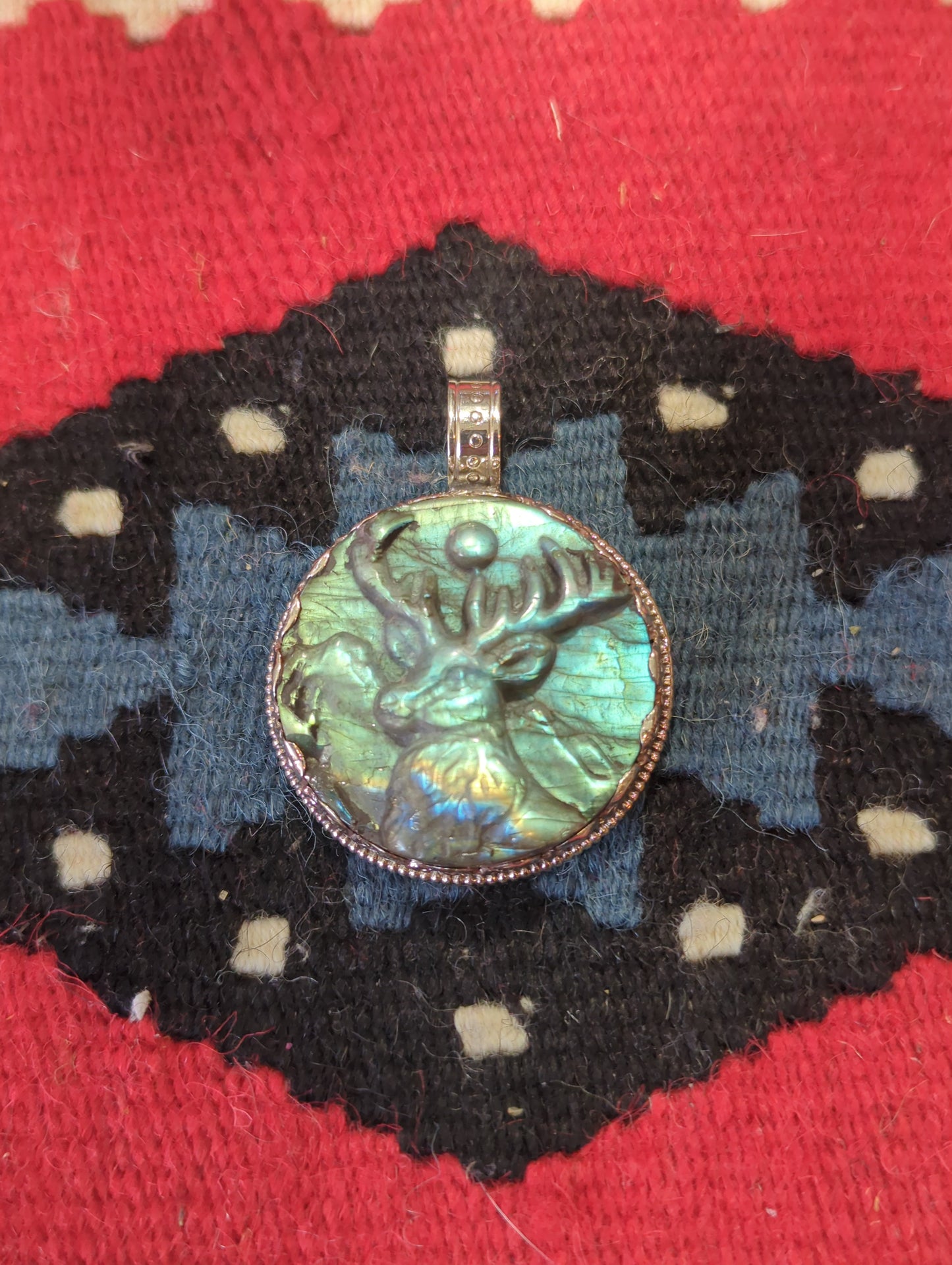 Carved Elk in Labradorite and Silver Pendant