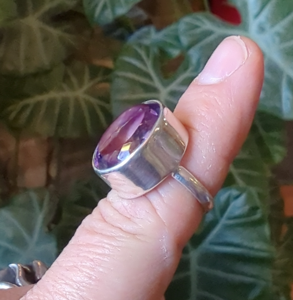 Facetted Kunzite Silver Ring sz 6