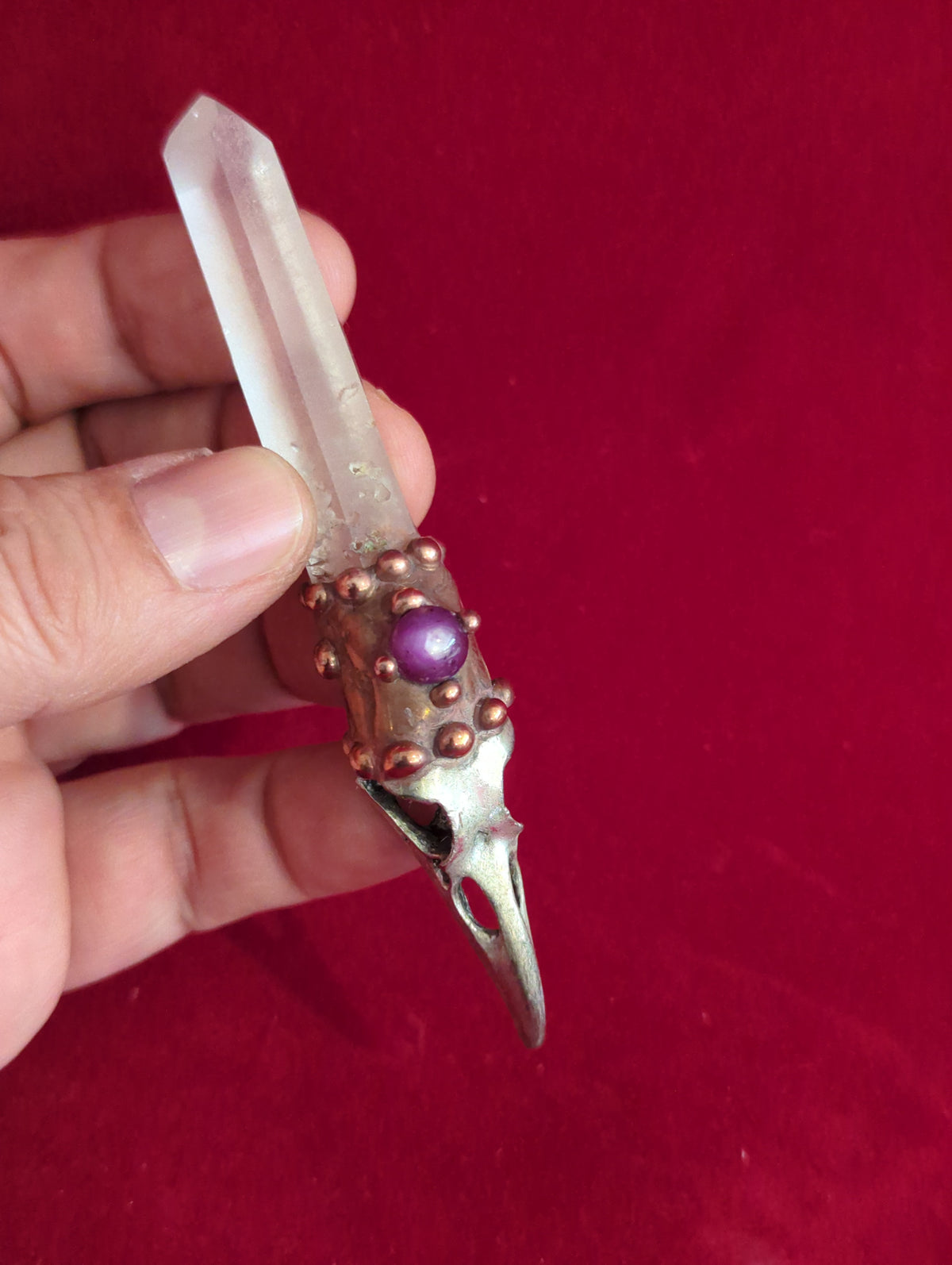 Raven Skull, Ruby, Lemurian Quartz wand