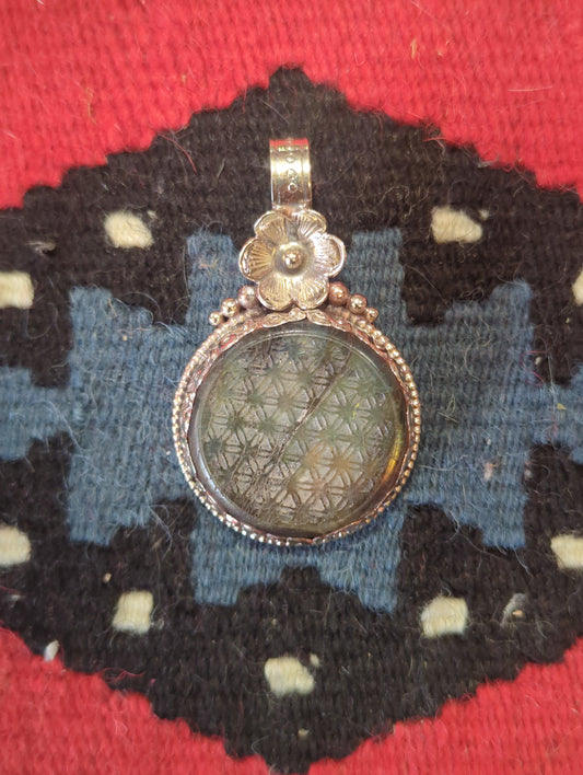 Flower of Life Carved Labradorite Silver Pendant