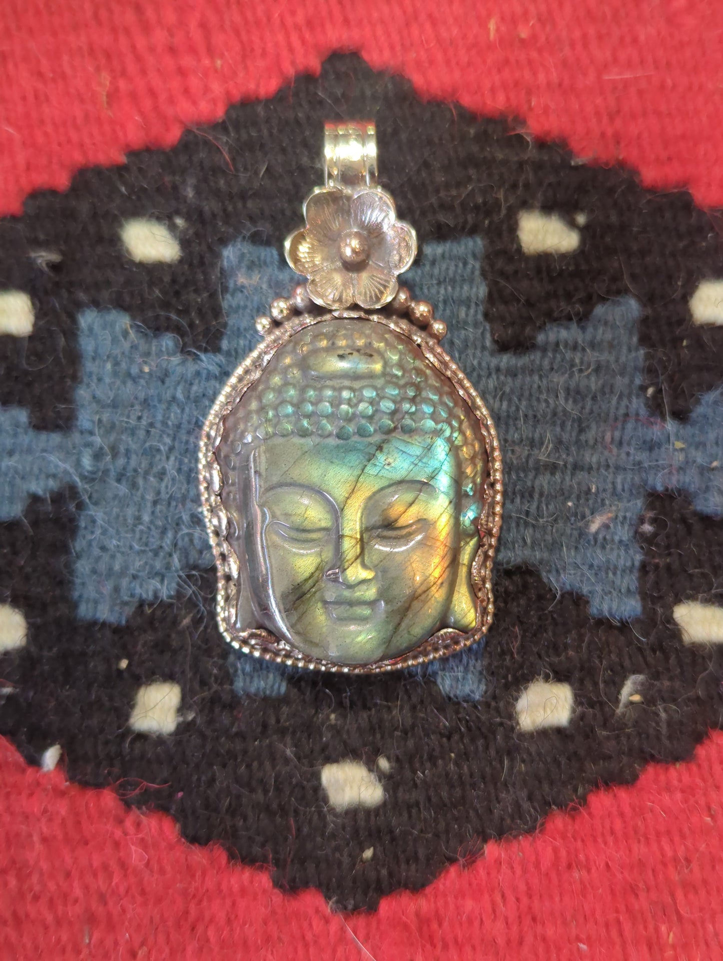 Carved Labradorite Buddha Silver Pendant